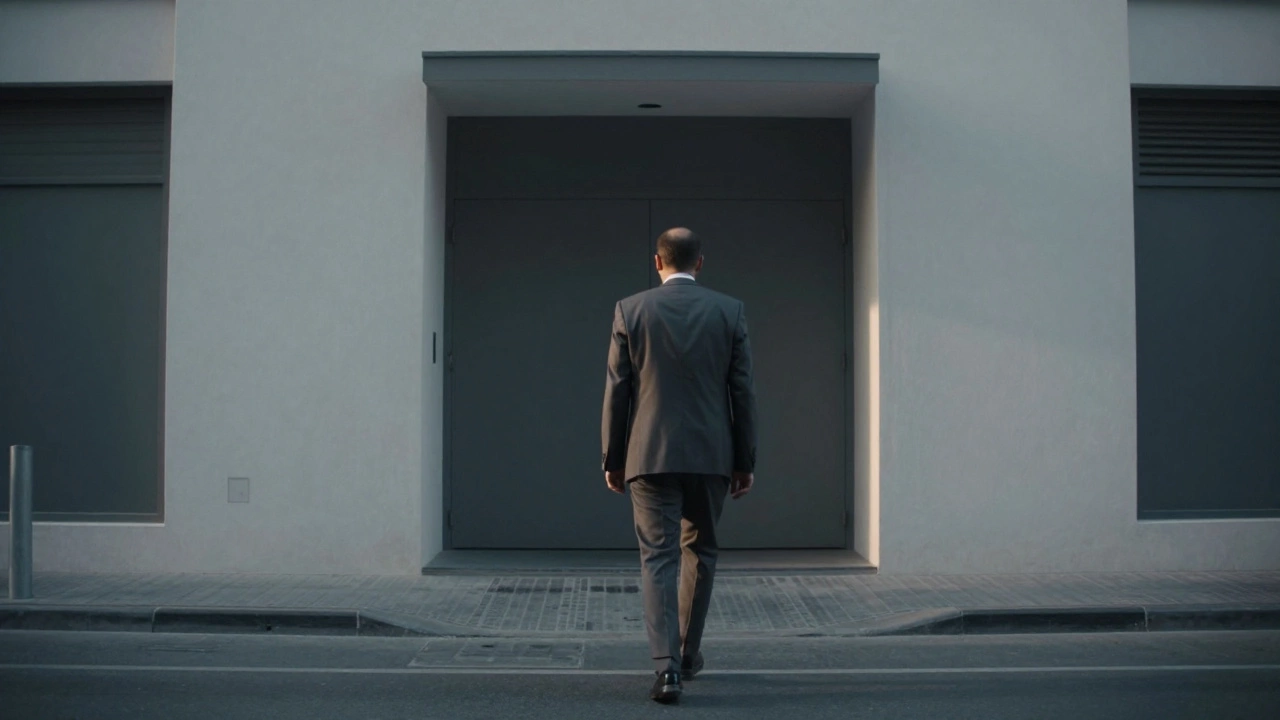 A person walking away from a hidden entrance at dawn, radiating calm and emotional release.