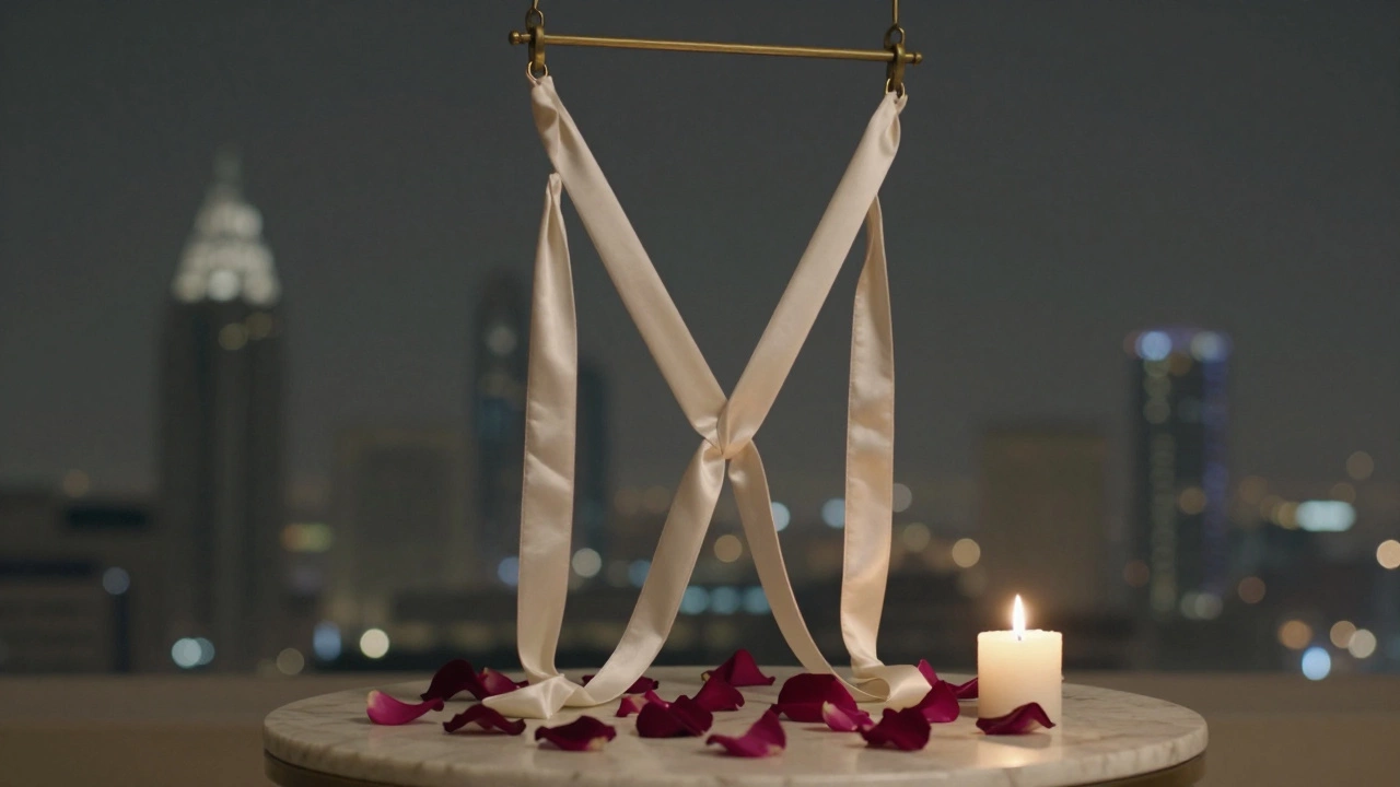 Silk restraints and rose petals beside a candle, symbolizing consensual surrender in privacy.