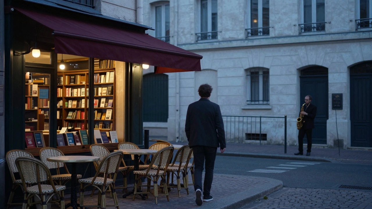 Solo traveler walking through Montmartre at twilight, café and musician in distance.