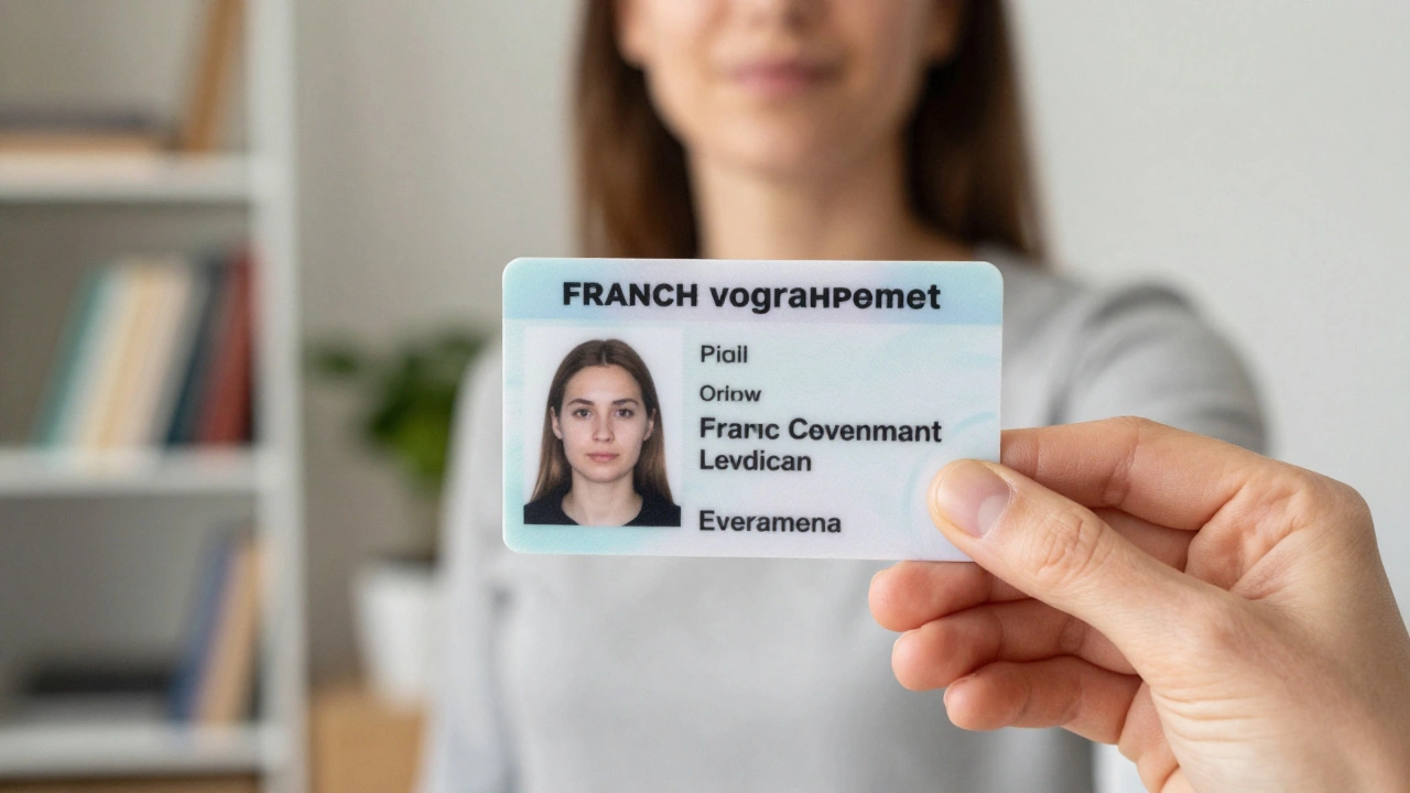 Woman’s hand holding a French ID card in natural light, blurred bookshelf in background.